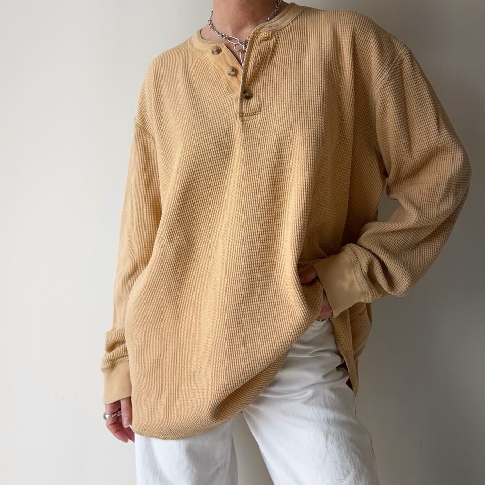 Waffle knit oversized long sleeve henley sweater 100% cotton tan yellow